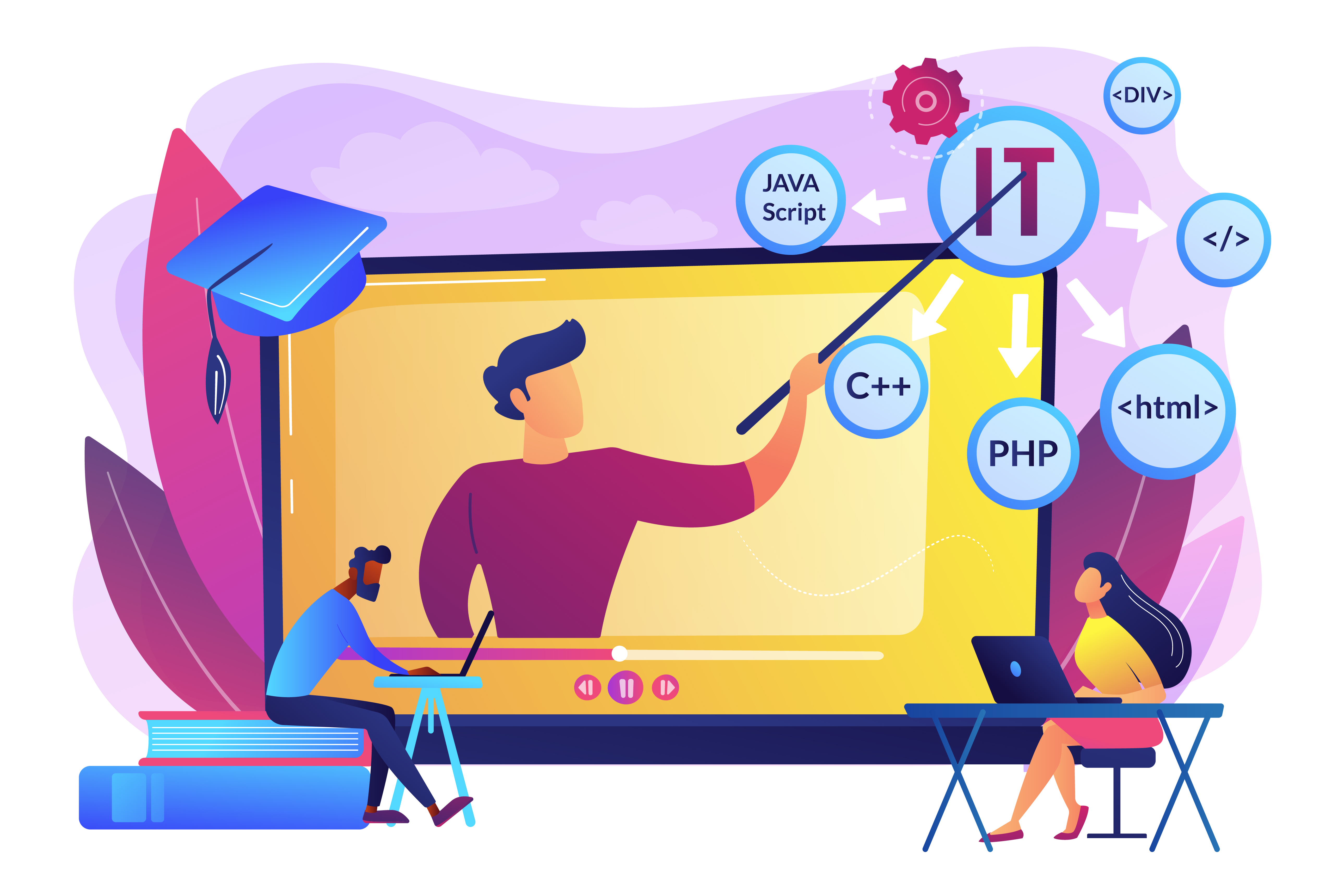 Teaching students online. Internet learning. Computer programming. Online IT courses, best online IT training, online certification courses concept. Bright vibrant violet vector isolated illustration